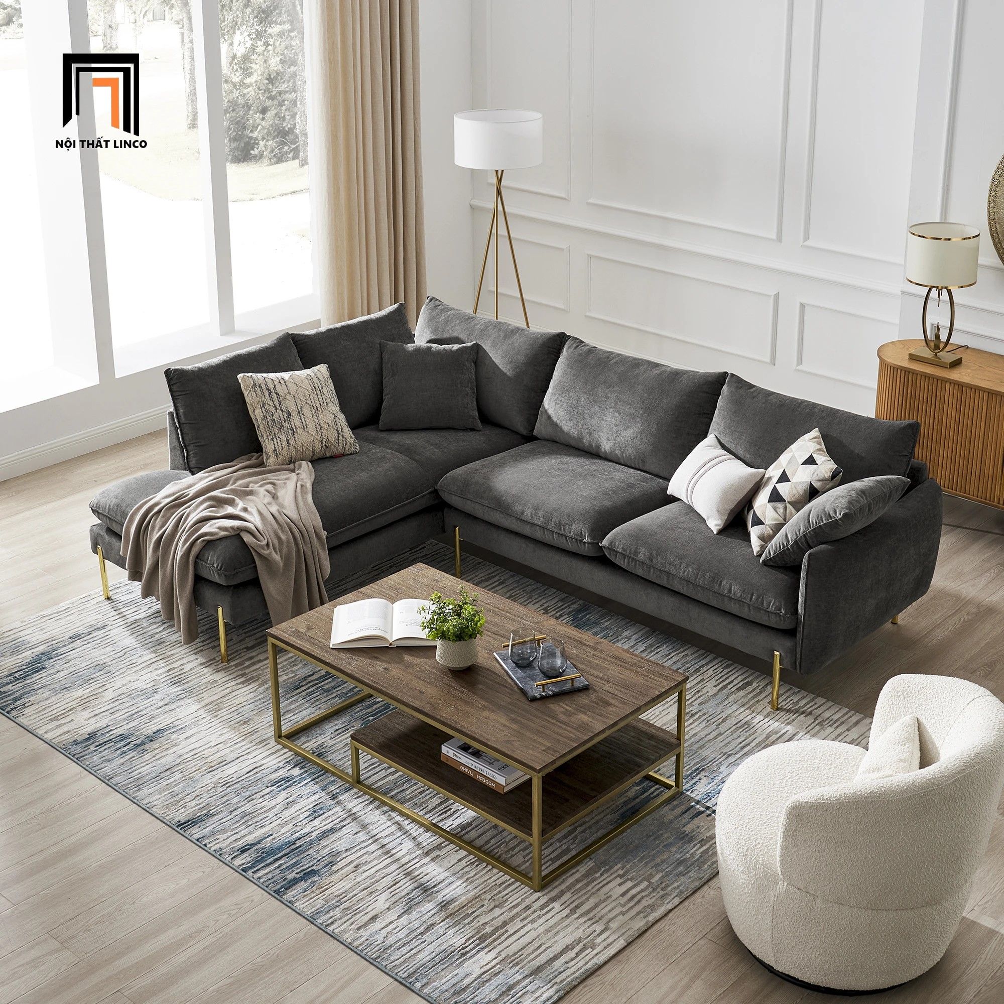 Ghế sofa góc L vải nỉ xám đen GT204 Verona 2m3 x 1m7 sang trọng