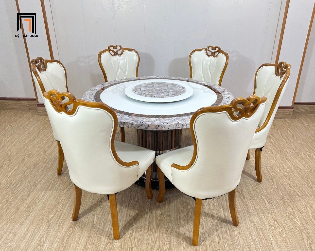 Bộ bàn ăn hình tròn 1m3 GF35-BAD6-G32-B363 6 ghế da Pu đẹp