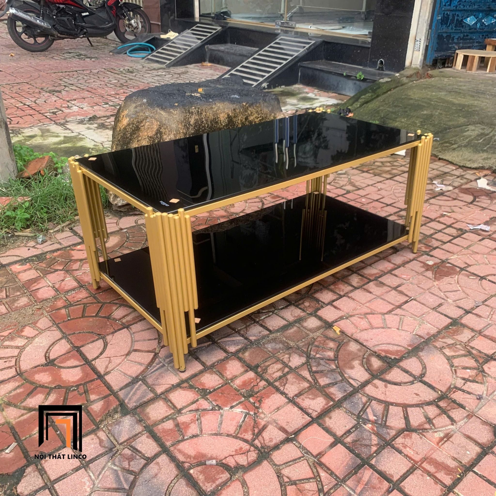 Bàn trà chữ nhật giá rẻ BTPK16 Akoka 1m x 50 kính đen 2 tầng
