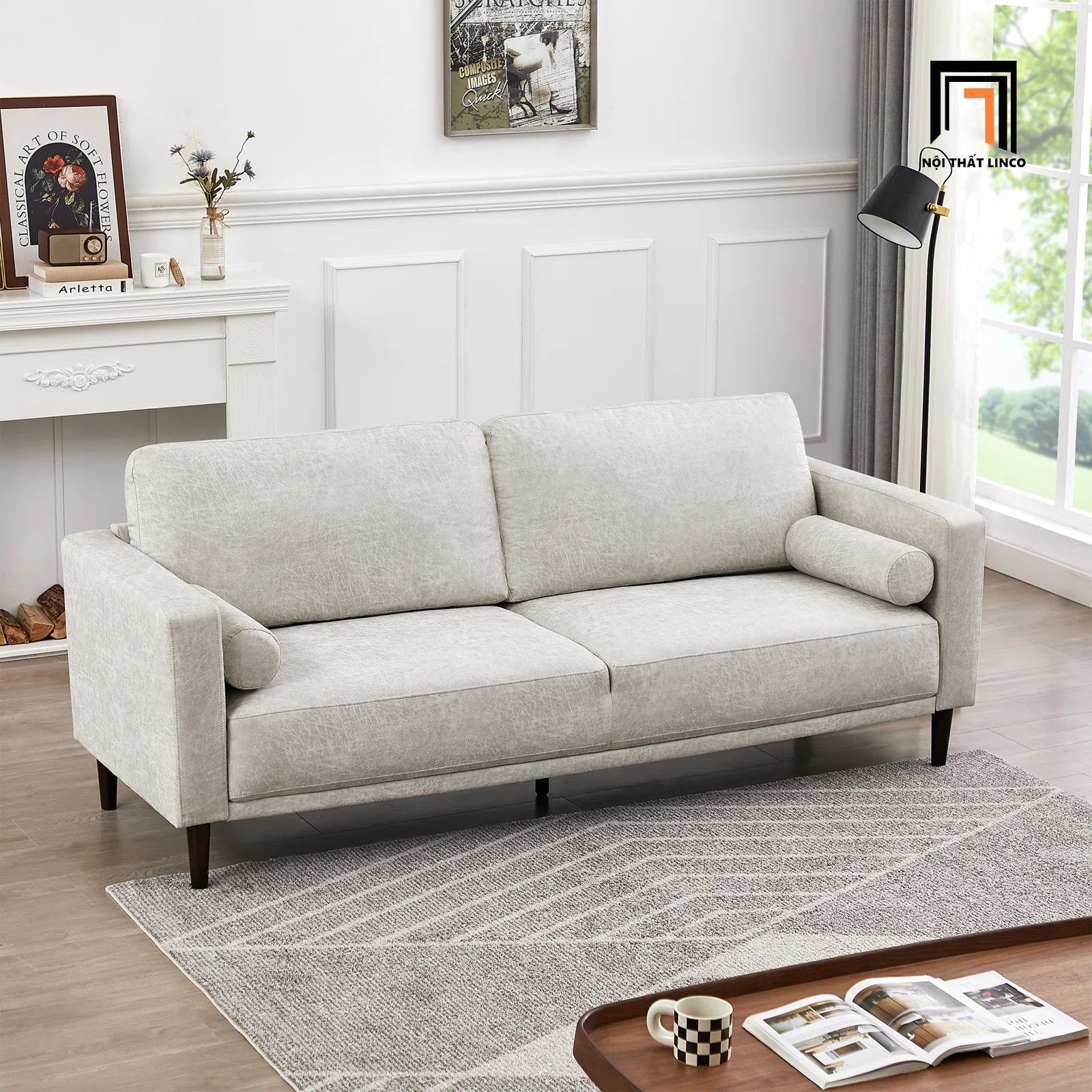 Ghế sofa băng da giả xám trắng BT237 Bunow 1m9 cho chung cư
