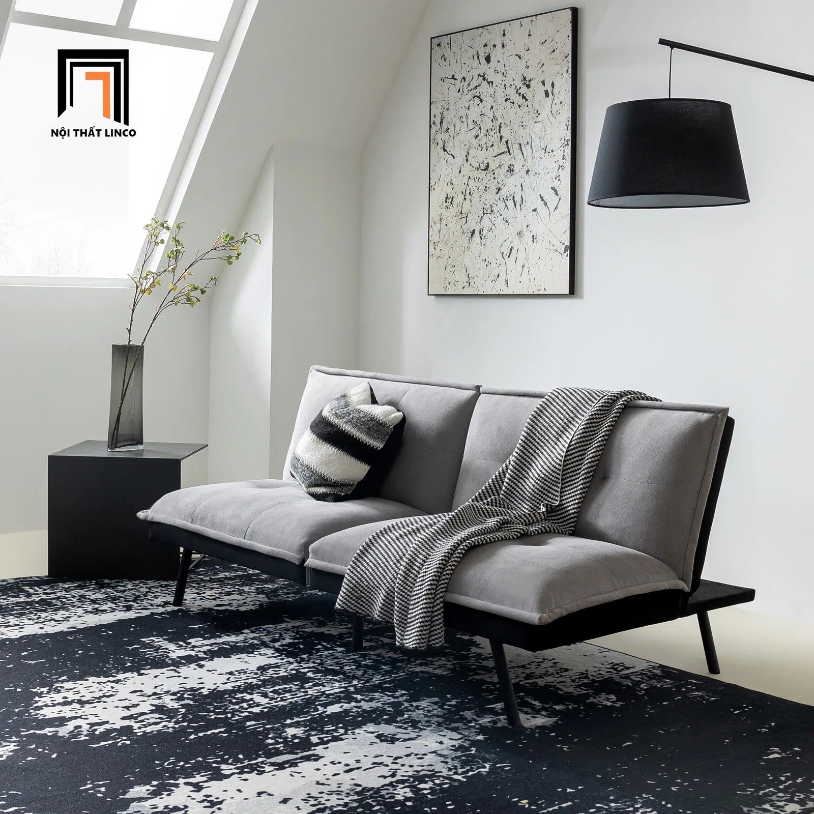 Ghế sofa giường nhỏ giá rẻ GB69 Jimmer 1m8 vải nỉ xám trắng