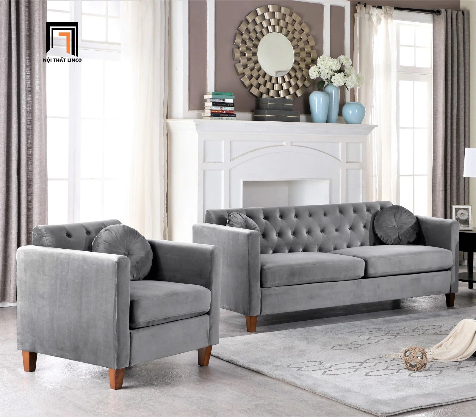 Bộ ghế sofa gia đình hiện đại KT125 Prady xanh lá vải nhung