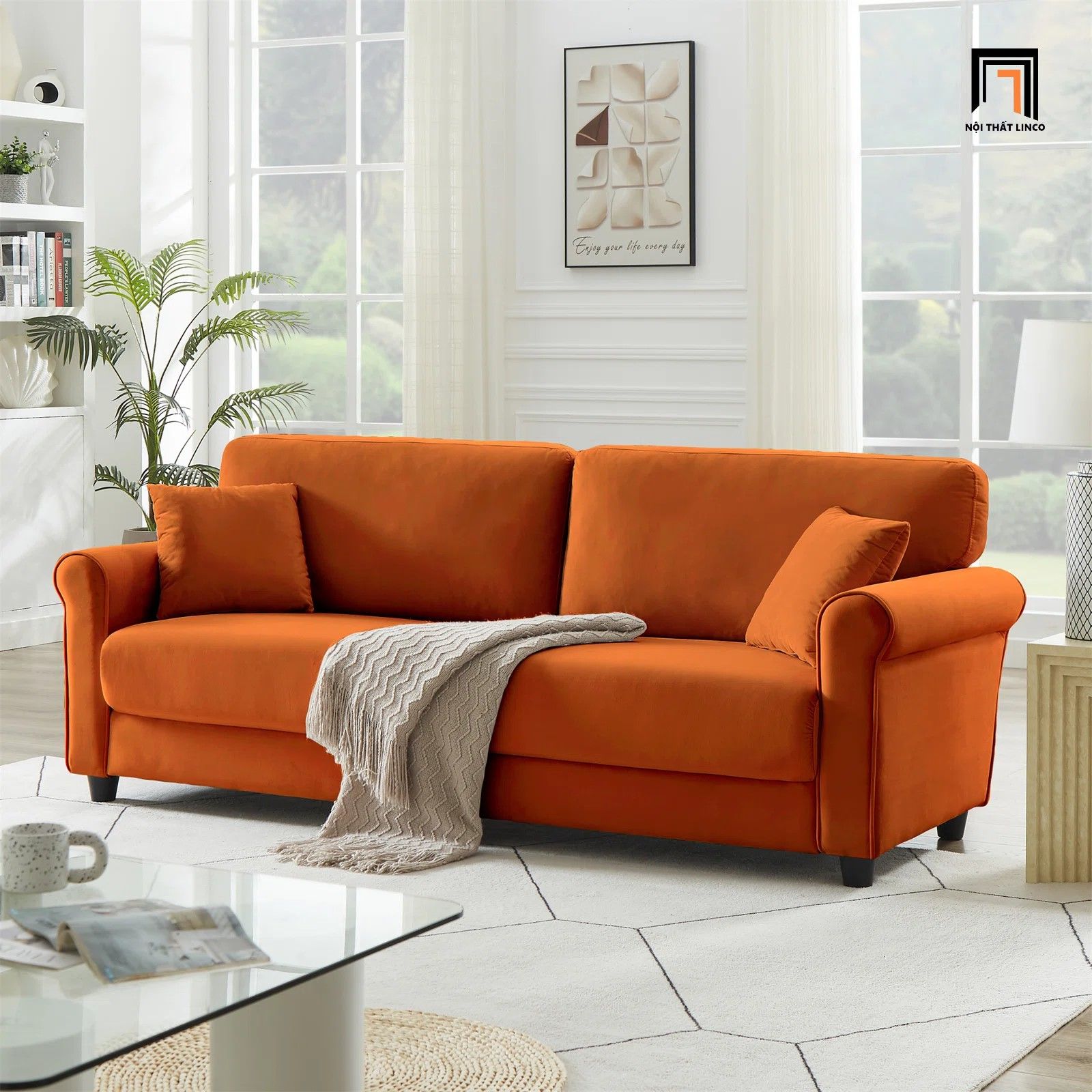 Ghế sofa văng vải nhung nỉ BT170 Enzo 2m màu cam