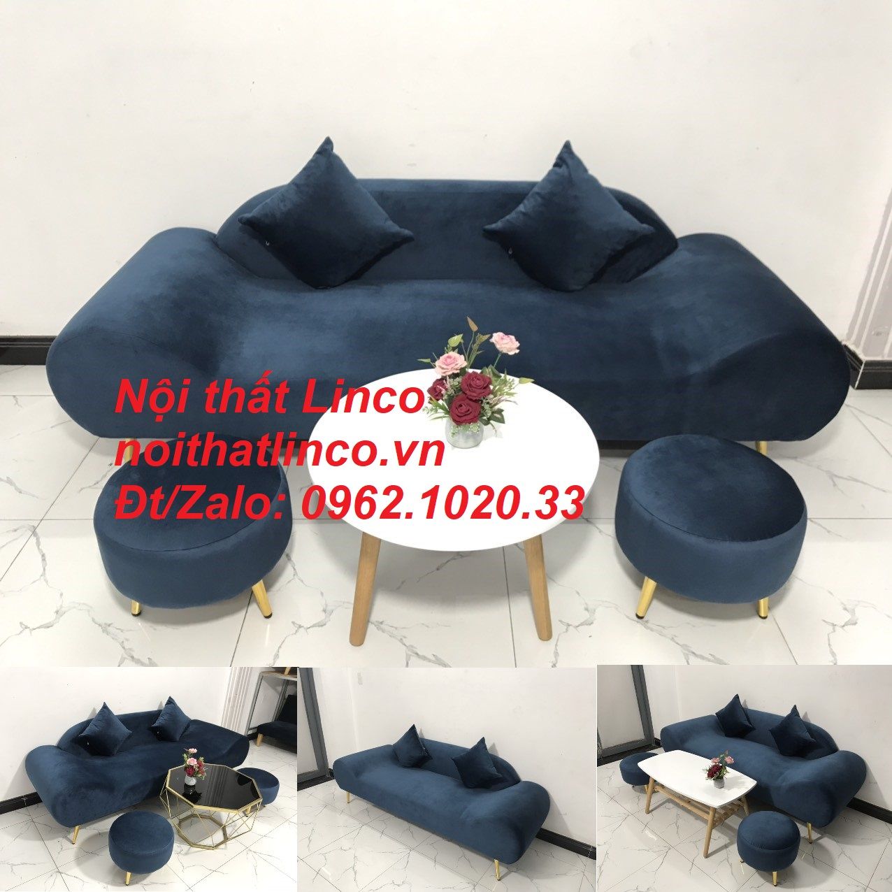 Bộ ghế sofa băng văng thuyền dài 2m xanh dương đen | Nội thất Linco SG