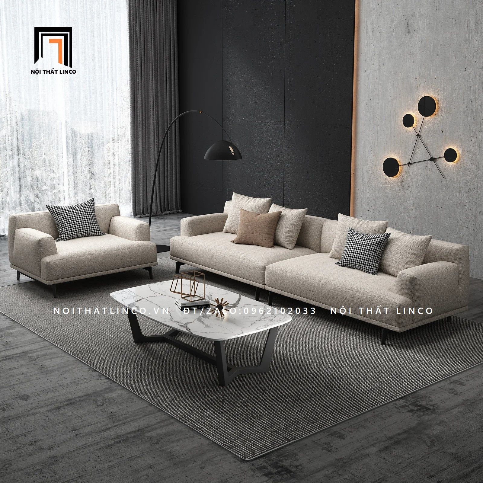Set ghế sofa phòng khách sang trong KT32 Orren màu trắng kem