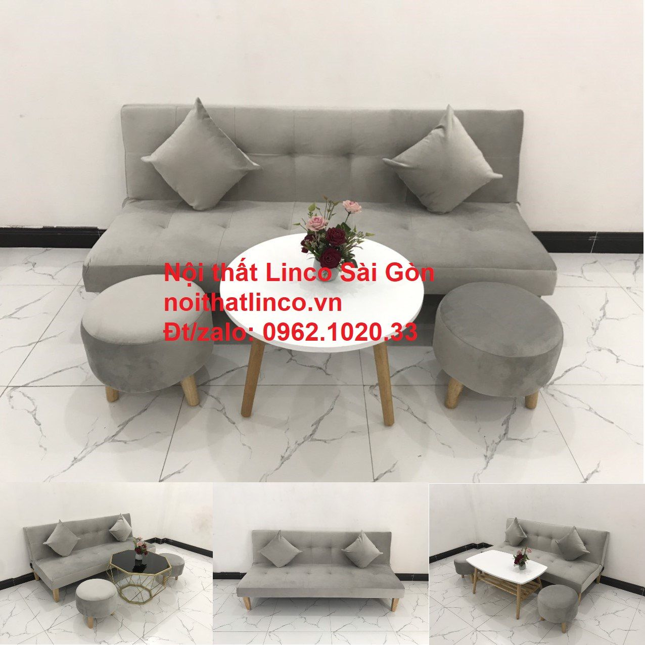 Bộ ghế sofa bed giường nằm nhỏ gọn 1m7 giá rẻ xám lông chuột vải nhung ở tại Nội thất Linco Sài Gòn