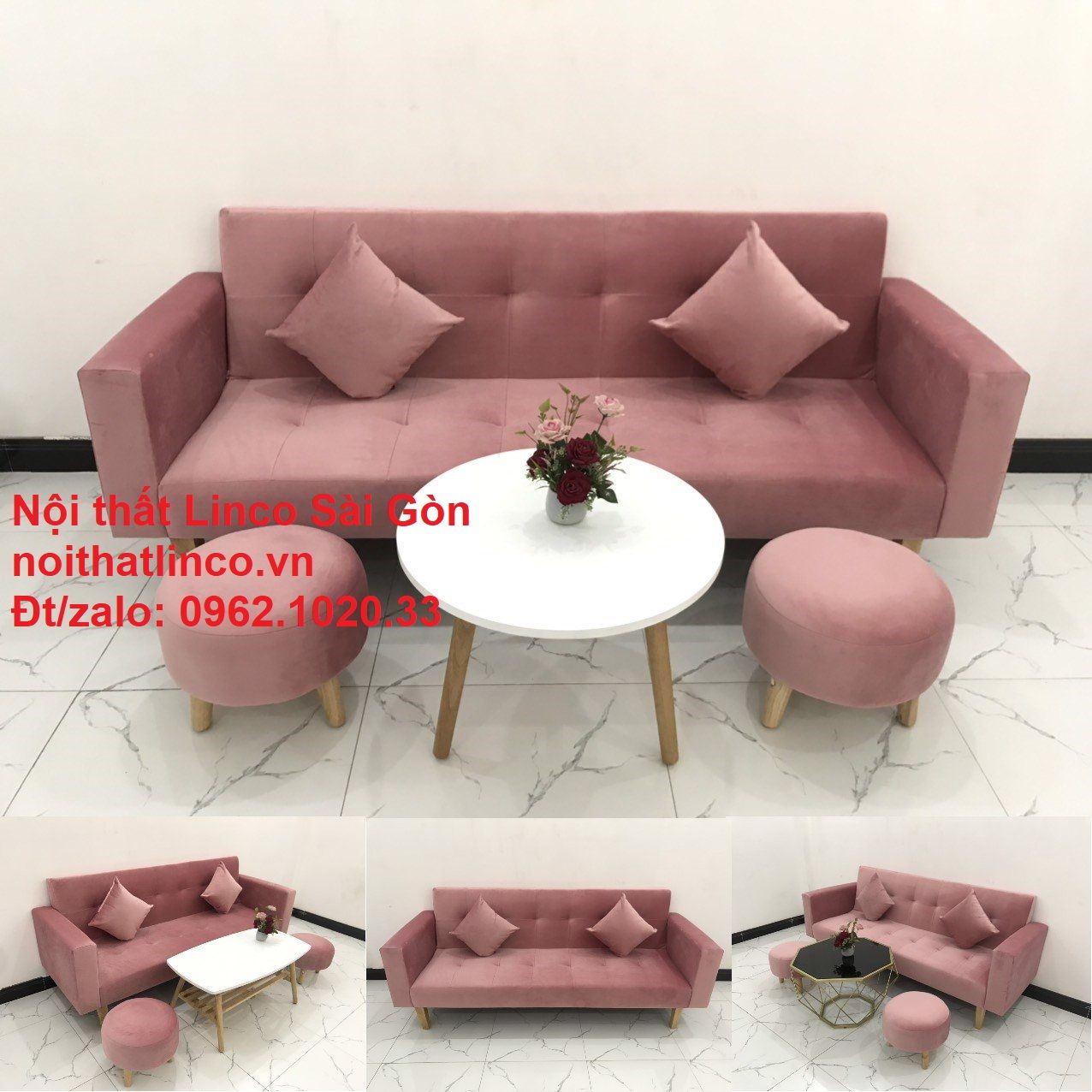 Bộ ghế sofa giường giá rẻ | Salong sopha màu hồng phấn đẹp phòng khách | Nội Thất Linco Sài Gòn