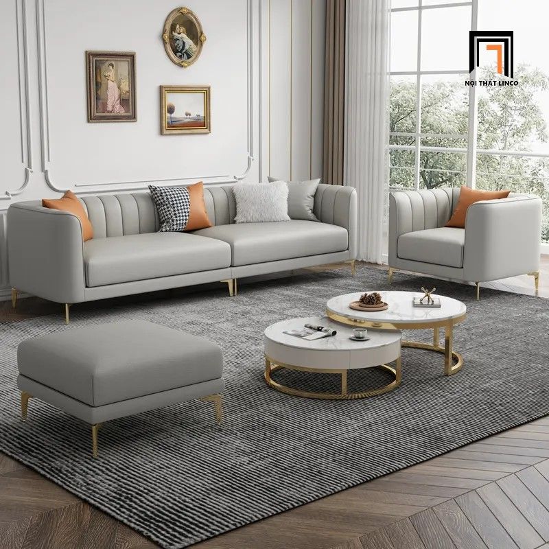 Bộ ghế sofa phòng khách bọc da KT52 Charm màu xám