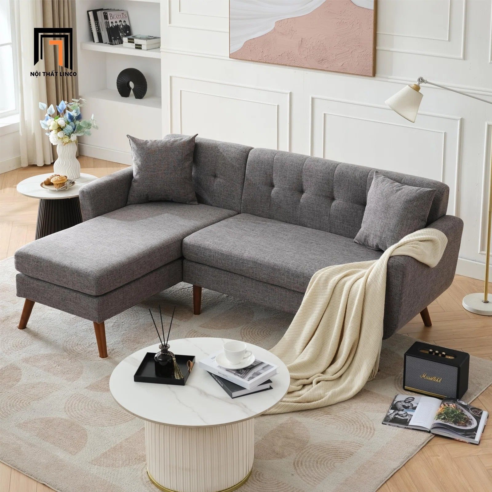 Sofa góc gia đình nhỏ 2m2 x 1m6 GT226 Catine xám đậm vải nỉ