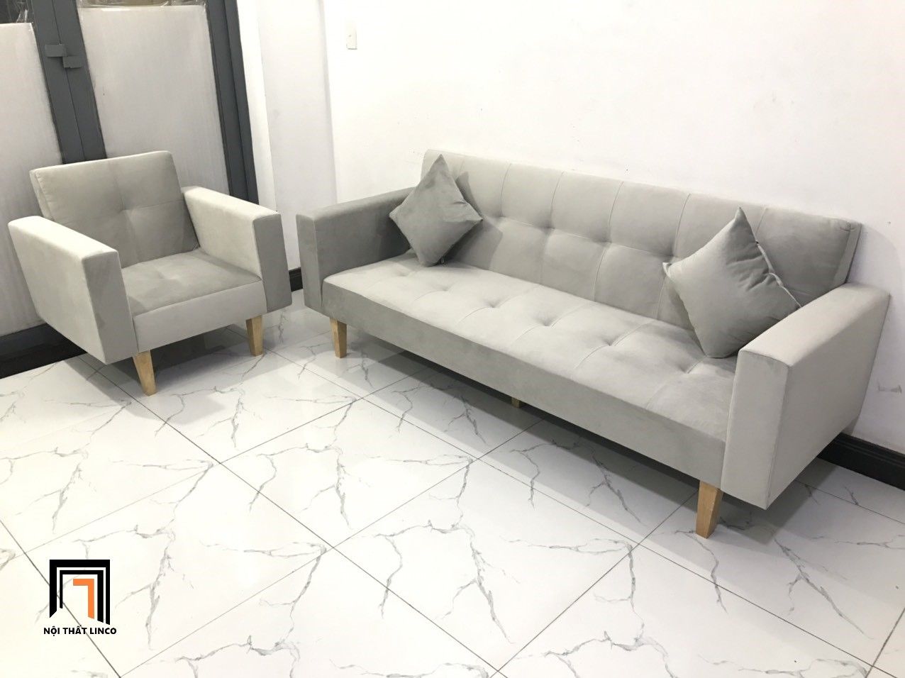 Bộ ghế sofa đa năng phòng khách NS02 vải nhung xám trắng