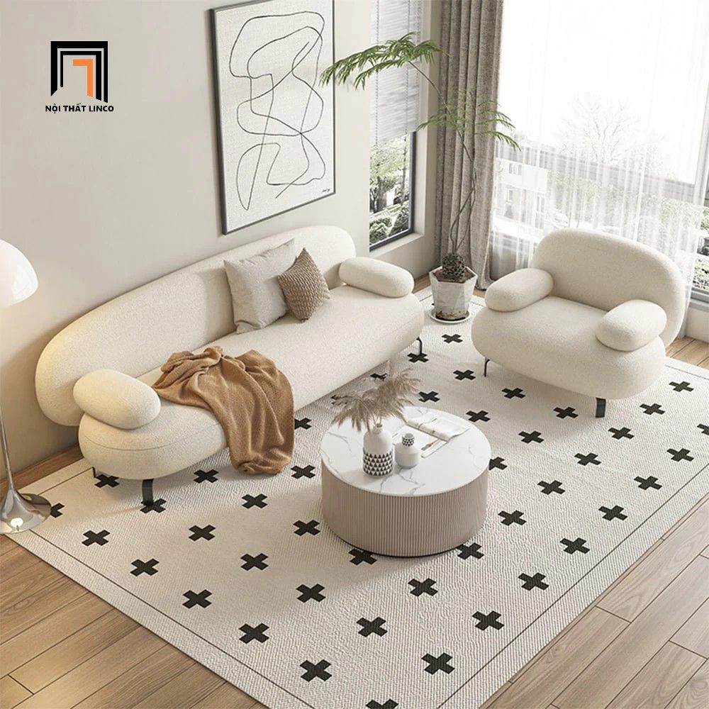 Bộ ghế sofa cong KT56 Nina màu trắng kem cho shop tiệm