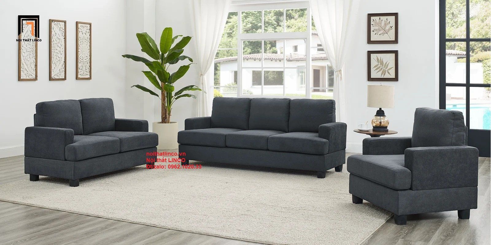 Combo 3 ghế sofa phòng khách PK8 Poll màu xám đen