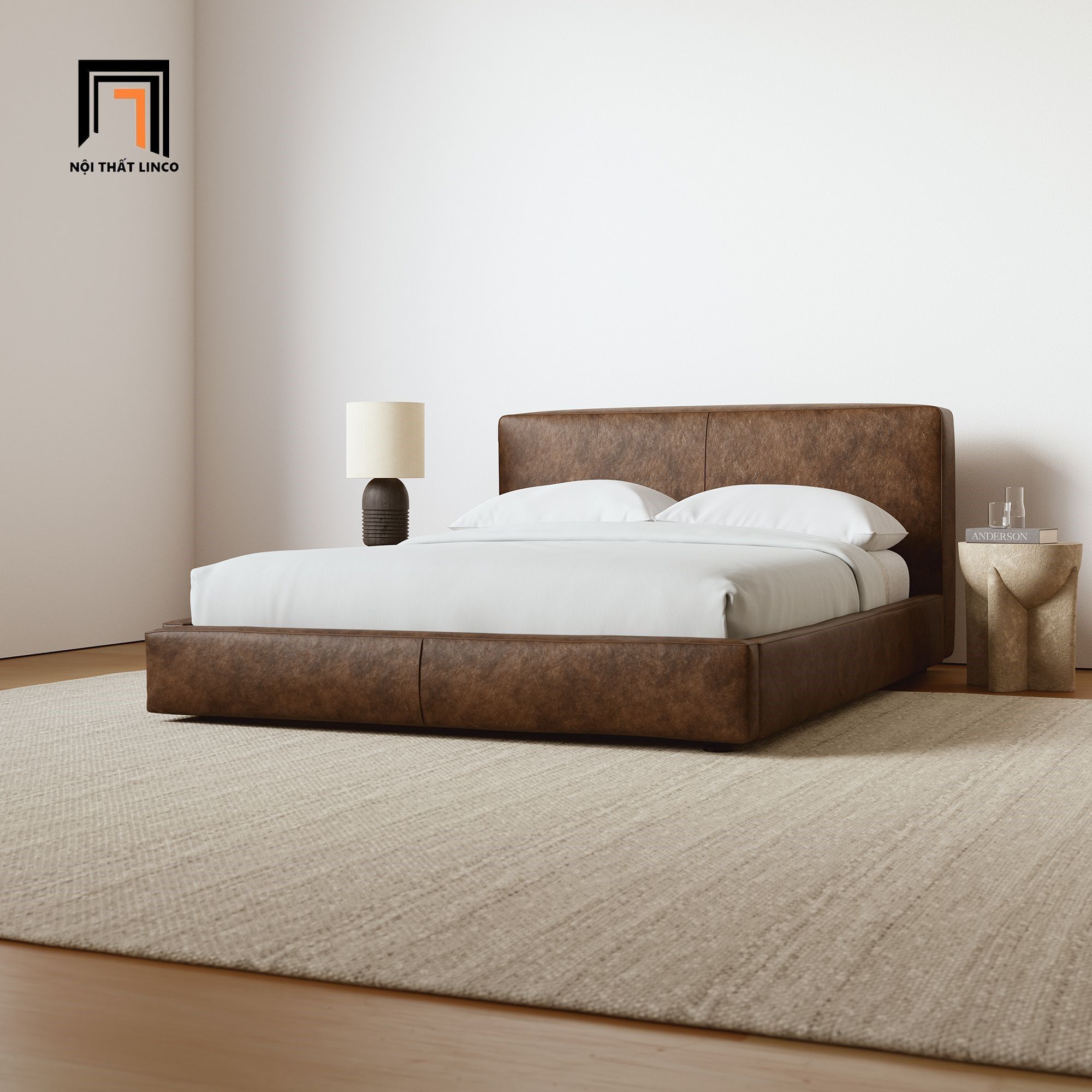 Giường ngủ cho căn hộ chung cư GN62 Curvy màu nâu da công nghiệp