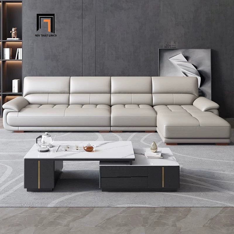 Sofa góc chữ L da giả xám trắng GT264 Genola 3m x 1m6 cao cấp