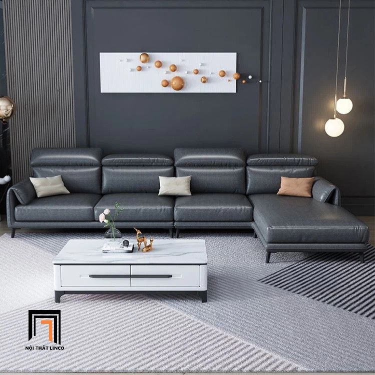 Bộ ghế sofa góc L 3m x 1m6 GT249 Osino da xám đậm cao cấp