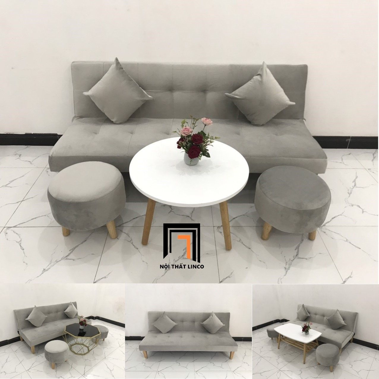 Bộ ghế sofa bed giường nằm nhỏ gọn SFG 1m7 giá rẻ vải nhung xám tro