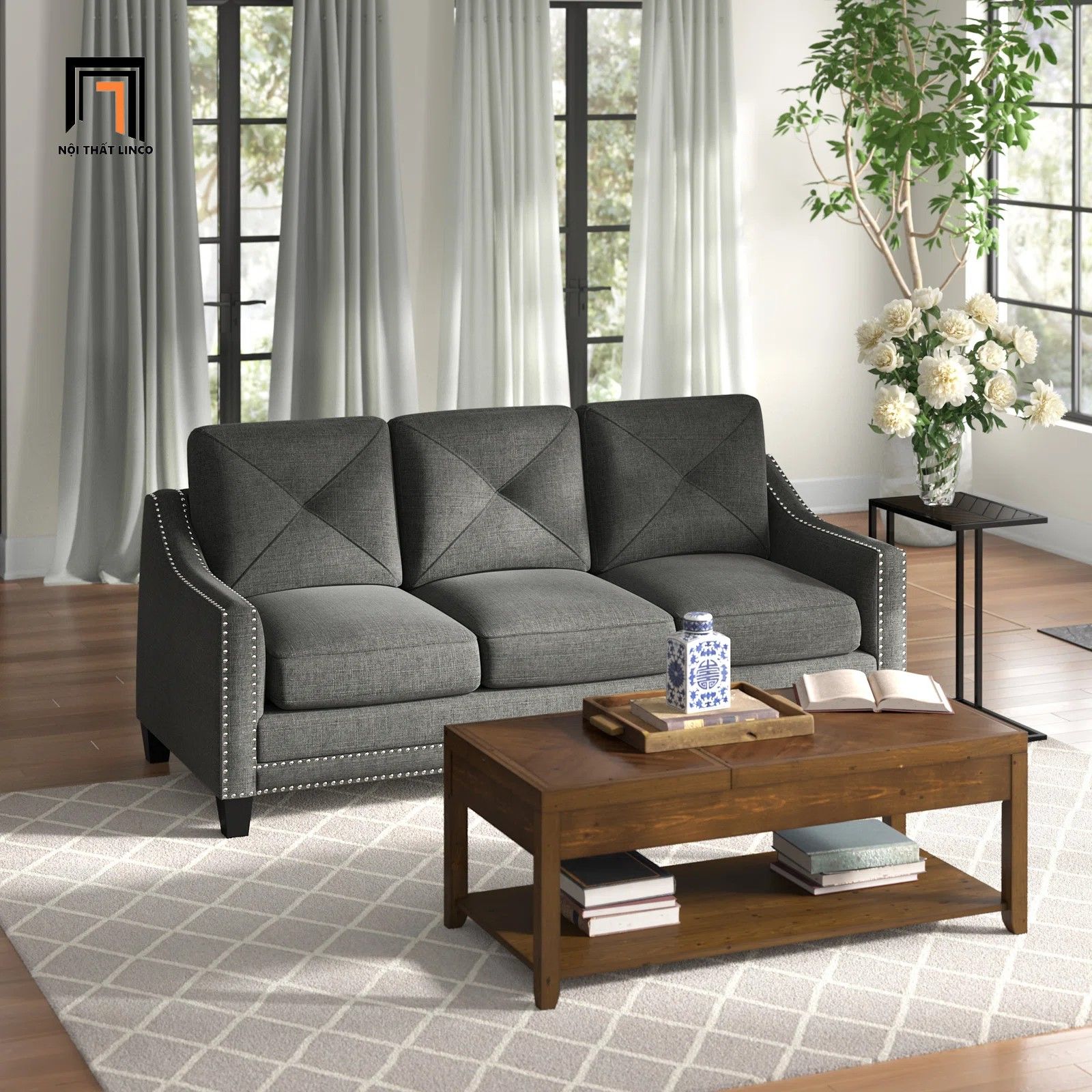 Ghế sofa băng 3 nệm ngồi BT166 Lugent 2m màu xám đen