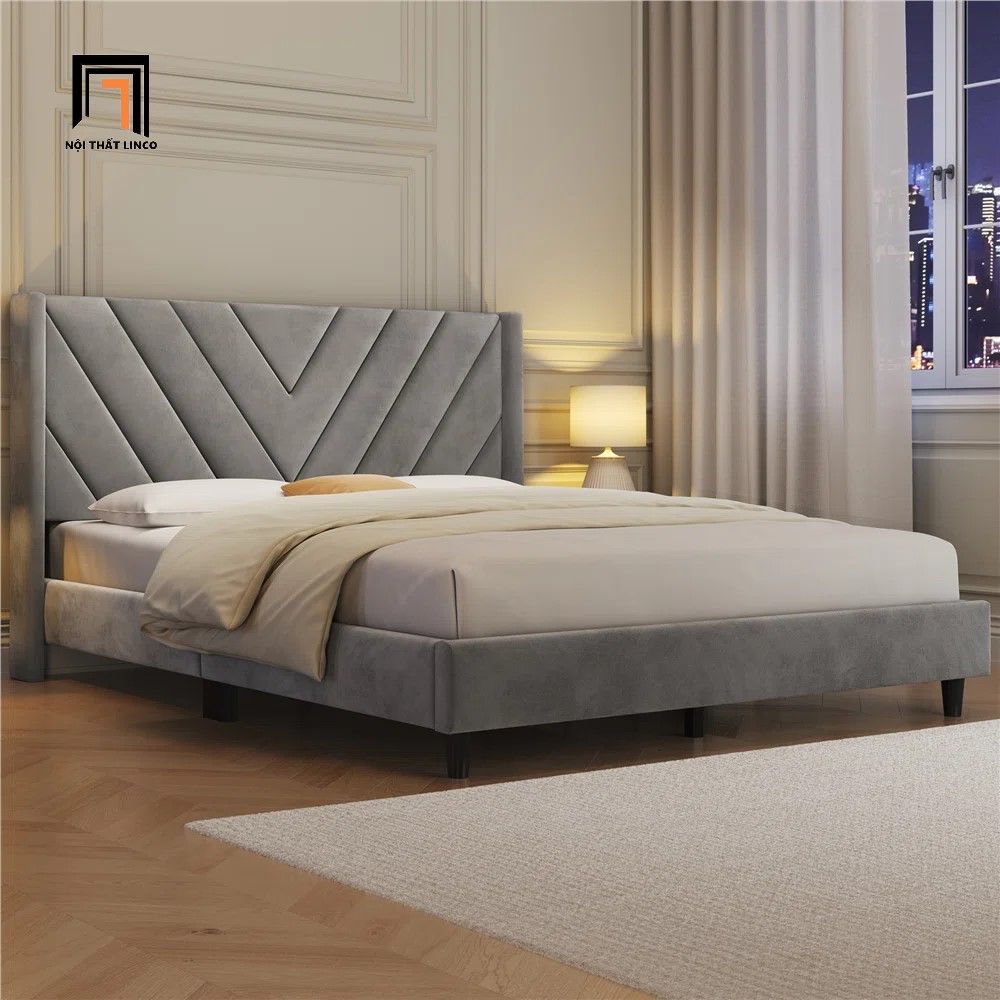 Giường ngủ cao cấp 1m6 x 2m GN64 Permelia xám đậm vải nhung