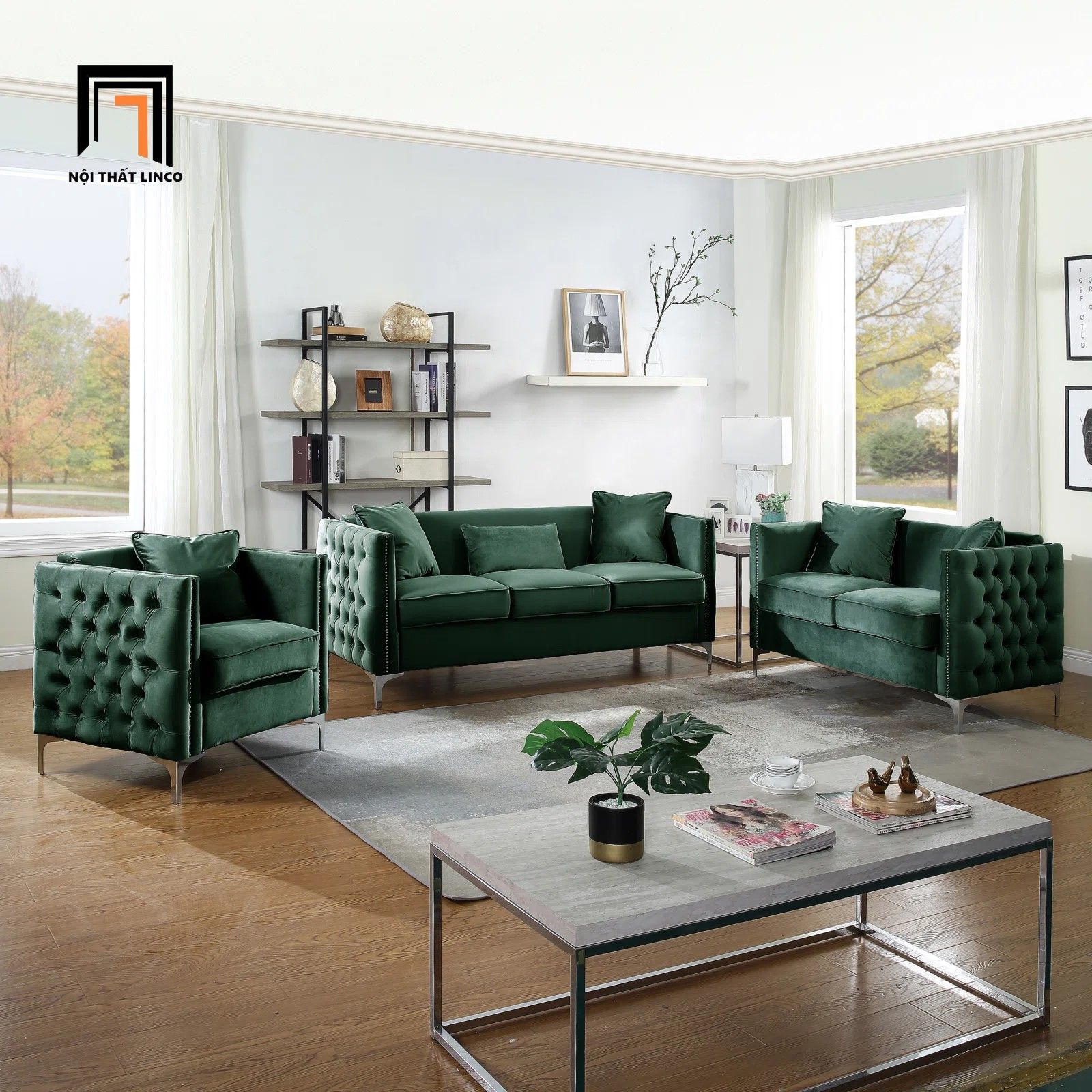 Bộ ghế sofa giật nút sang trọng KT122 Essex vải nhung xám trắng