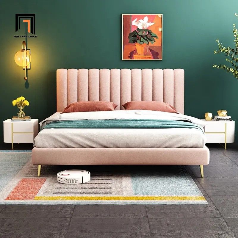 Giường ngủ xinh xắn GN32 Jasy đầu giường chia múi vải nhung
