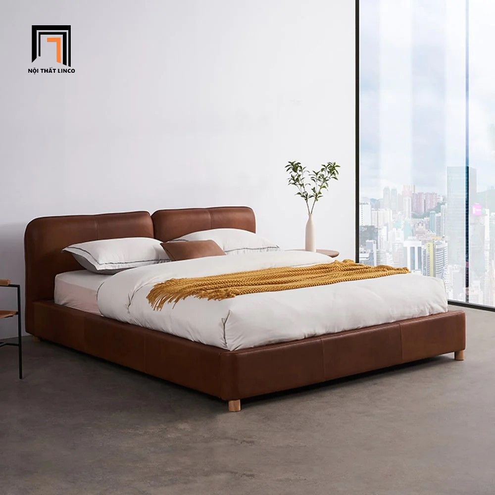 Giường ngủ bọc nệm 1m6 x 2m GN44 Itolia da công nghiệp nâu đậm