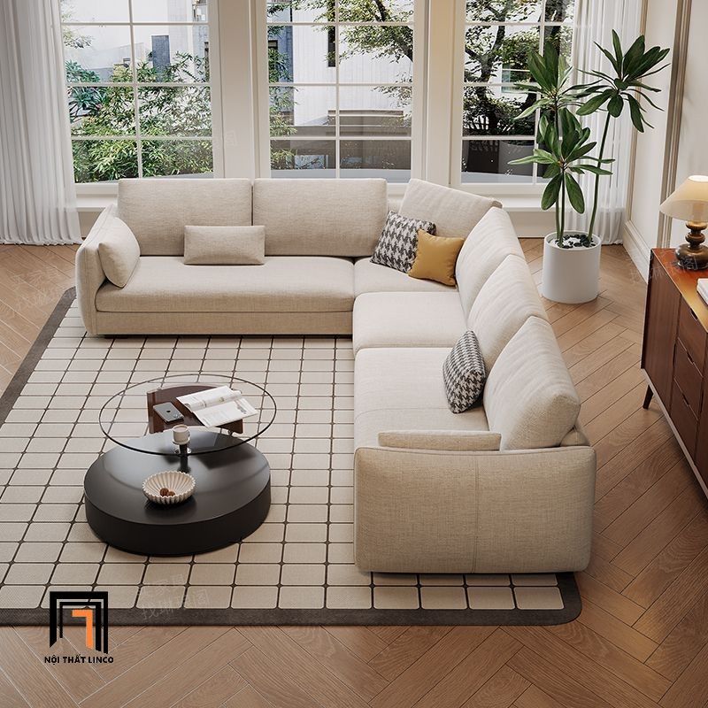 Set ghế sofa phòng khách gia đình KT150 Lacon xám trắng nỉ