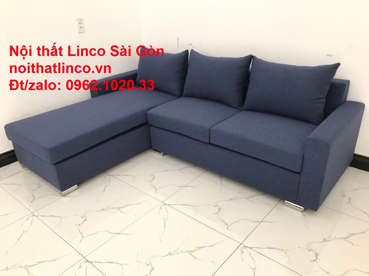 Bộ bàn ghế sofa góc L đẹp, sofa góc dài 2m2 nhỏ rẻ xanh dương đen | Nội thất Linco Tphcm