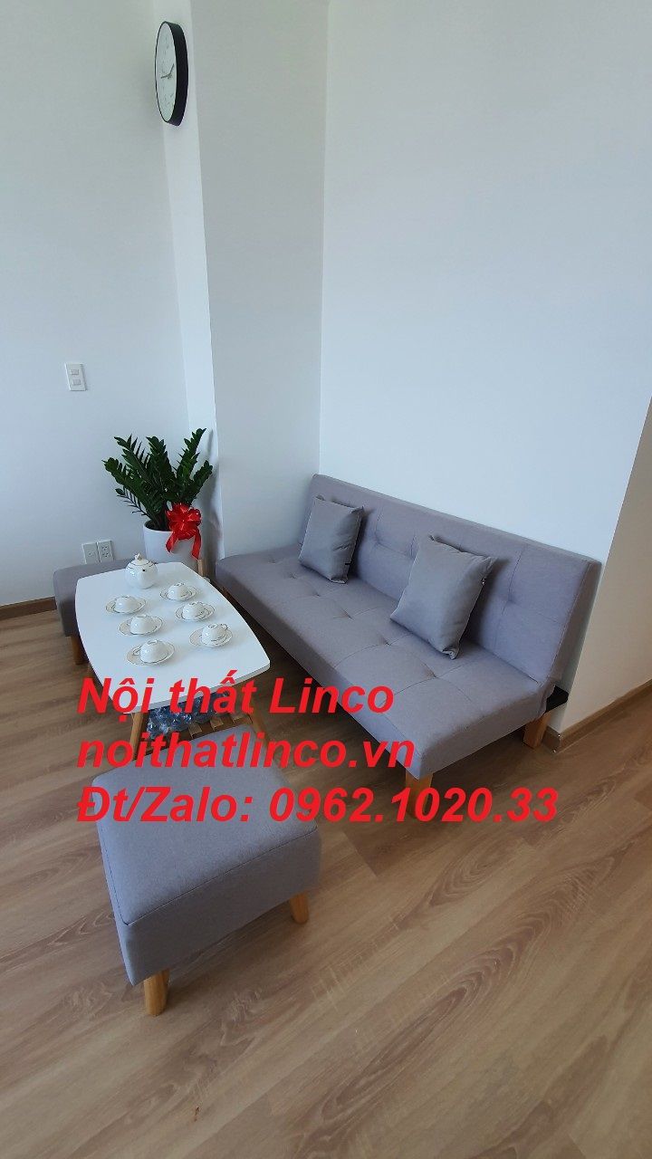 Bộ ghế sofa giường bed xám ghi trắng vải bố phòng khách ngủ nhỏ 1m7 Nội thất Linco Sài Gòn HCM Tphcm