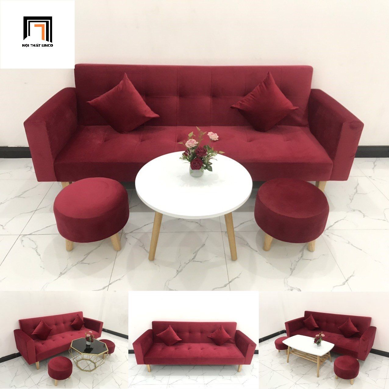 Bộ ghế sofa giường đa năng 2m màu đỏ vải nhung giá rẻ