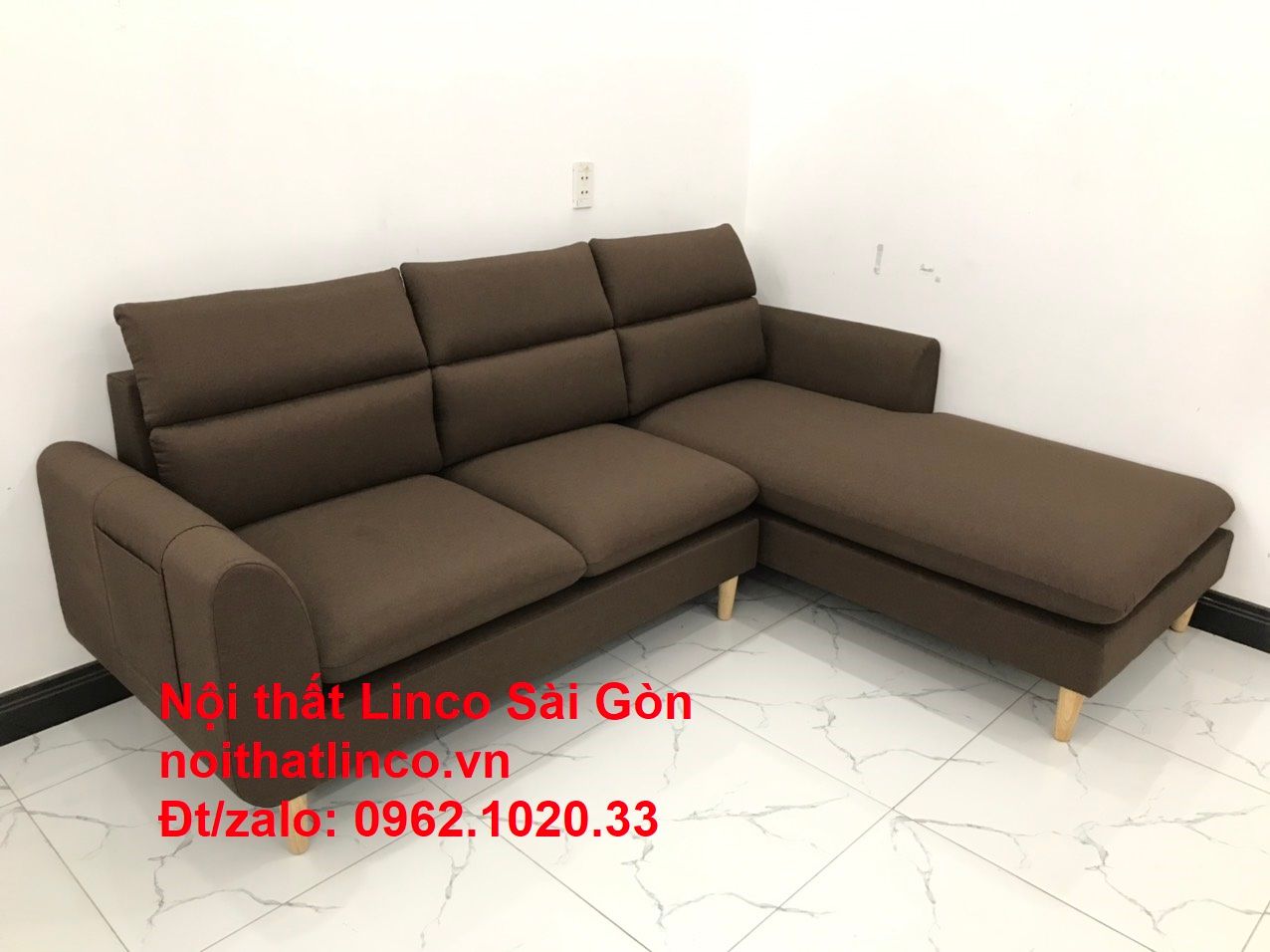 Bộ sofa góc chữ L rẻ | Sofa góc nâu cafe đen đậm giá rẻ đẹp phòng khách | Nội thất Linco HCM Sài Gòn