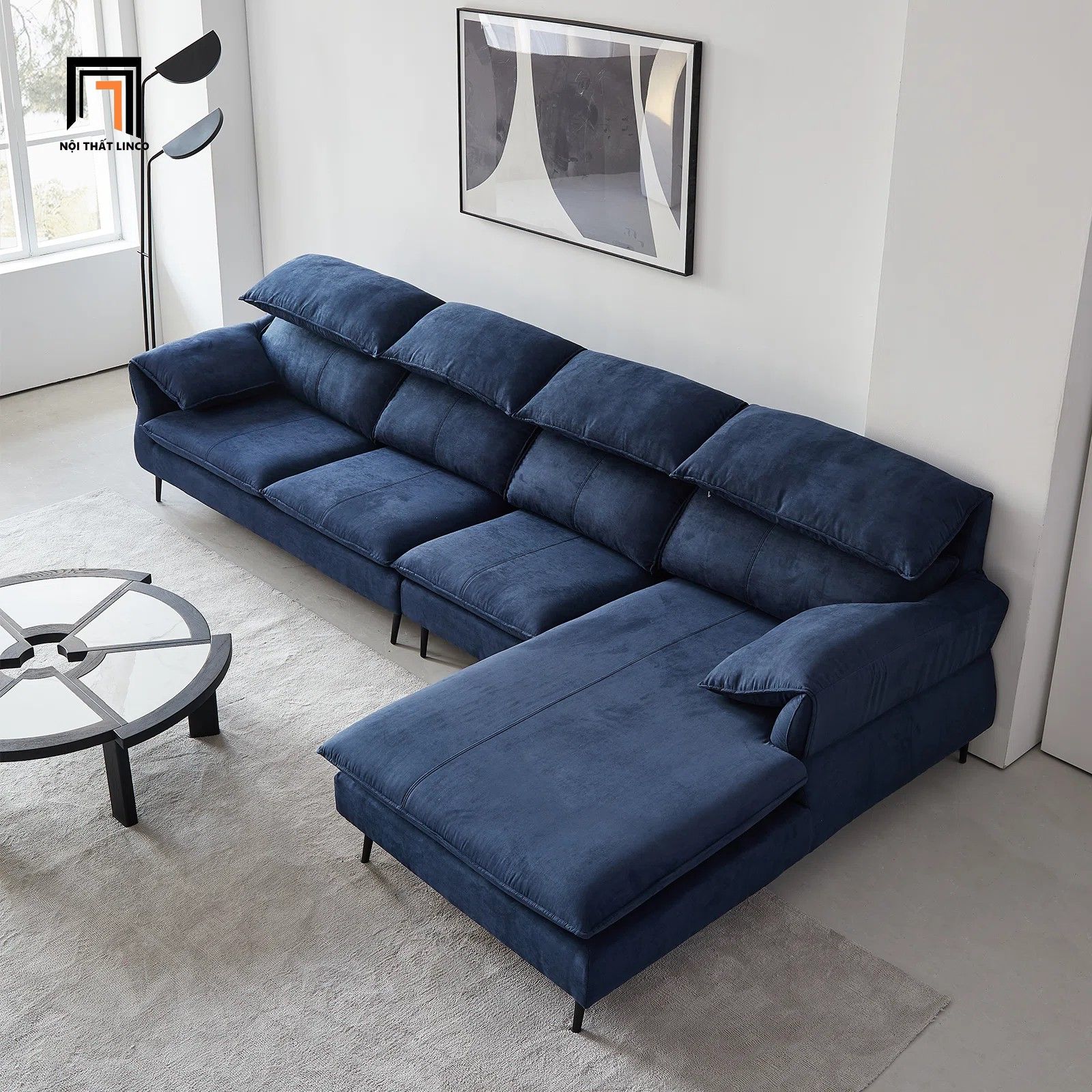 Bộ ghế sofa góc L xanh đậm nỉ GT205 Brescia 3m x 1m7 cao cấp