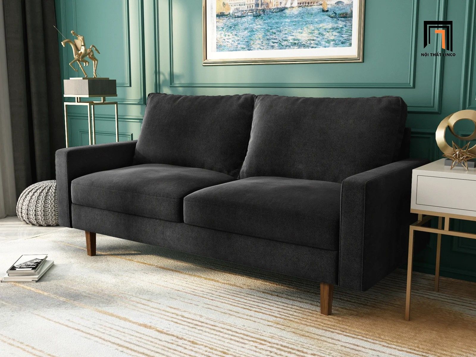 Ghế sofa văng giá rẻ BT221 Jo dài 1m6 vải nhung màu xanh dương