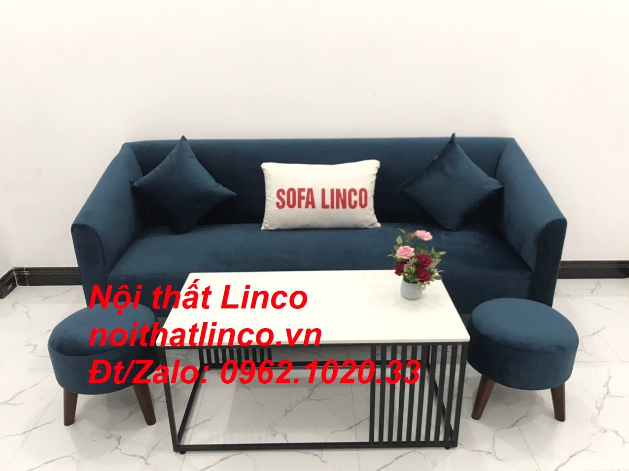Bộ ghế sofa băng dài xanh dương đậm đen giá rẻ Nội thất Linco Sài Gòn