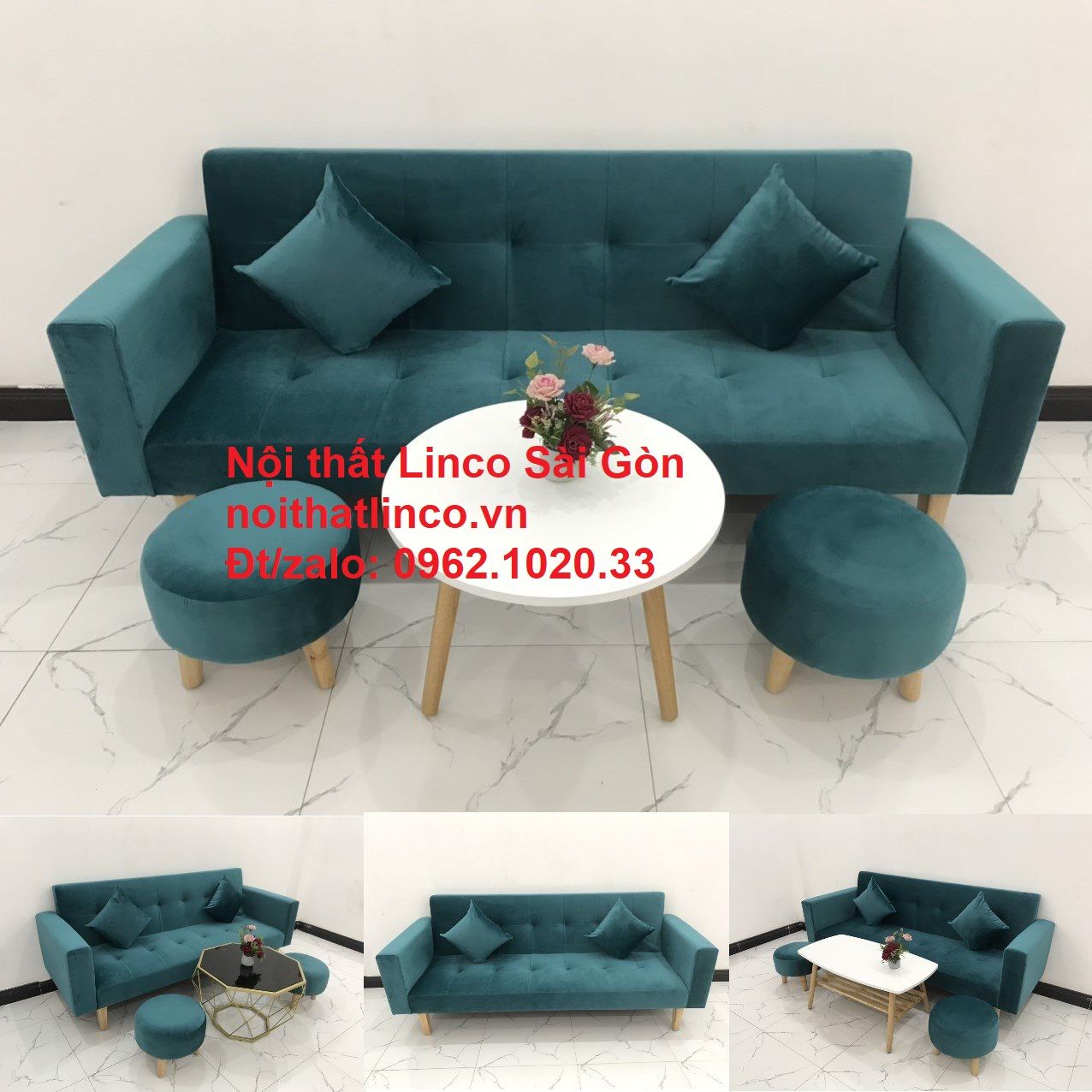 Bộ ghế salon sopha giường rẻ | Sofa màu xanh lá cây đậm phòng khách | Nội Thất Linco Sài Gòn