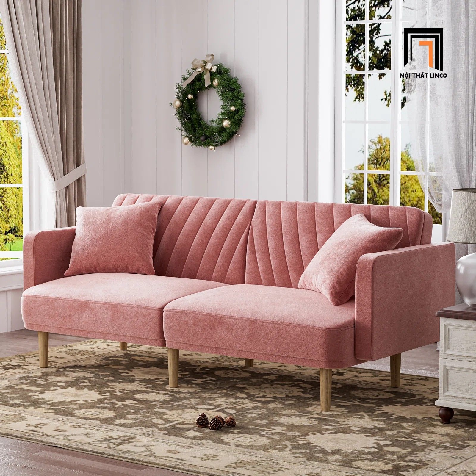 Ghế sofa giường dài 2m GB78 Alcivar vải nhung hồng phấn