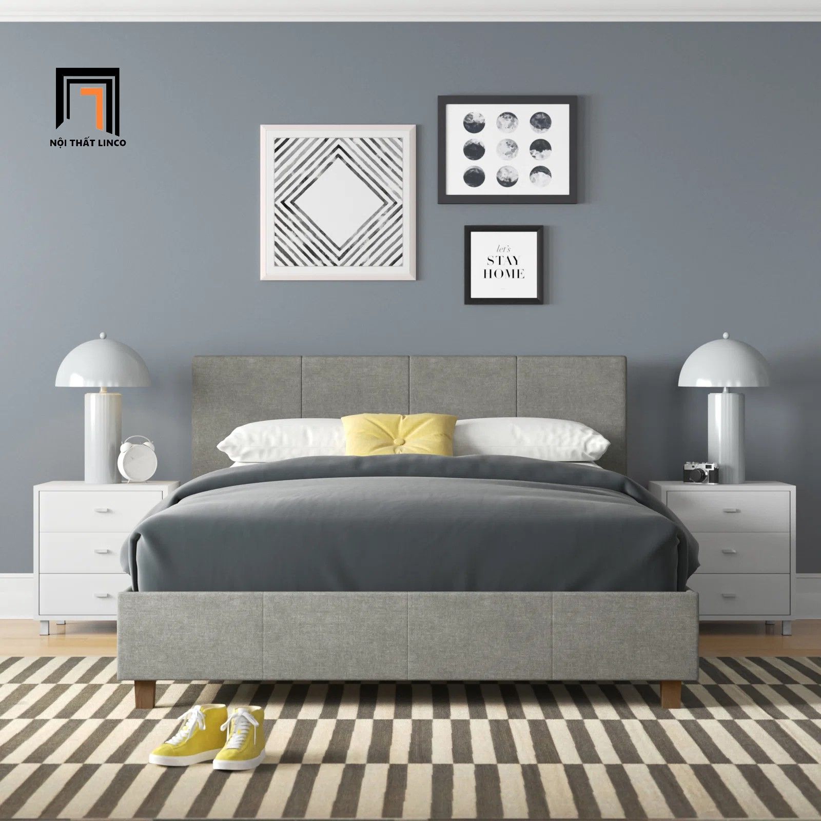 Giường ngủ bọc vải màu xám giá rẻ GN6 Hudspeth dài 1m6 x 2m