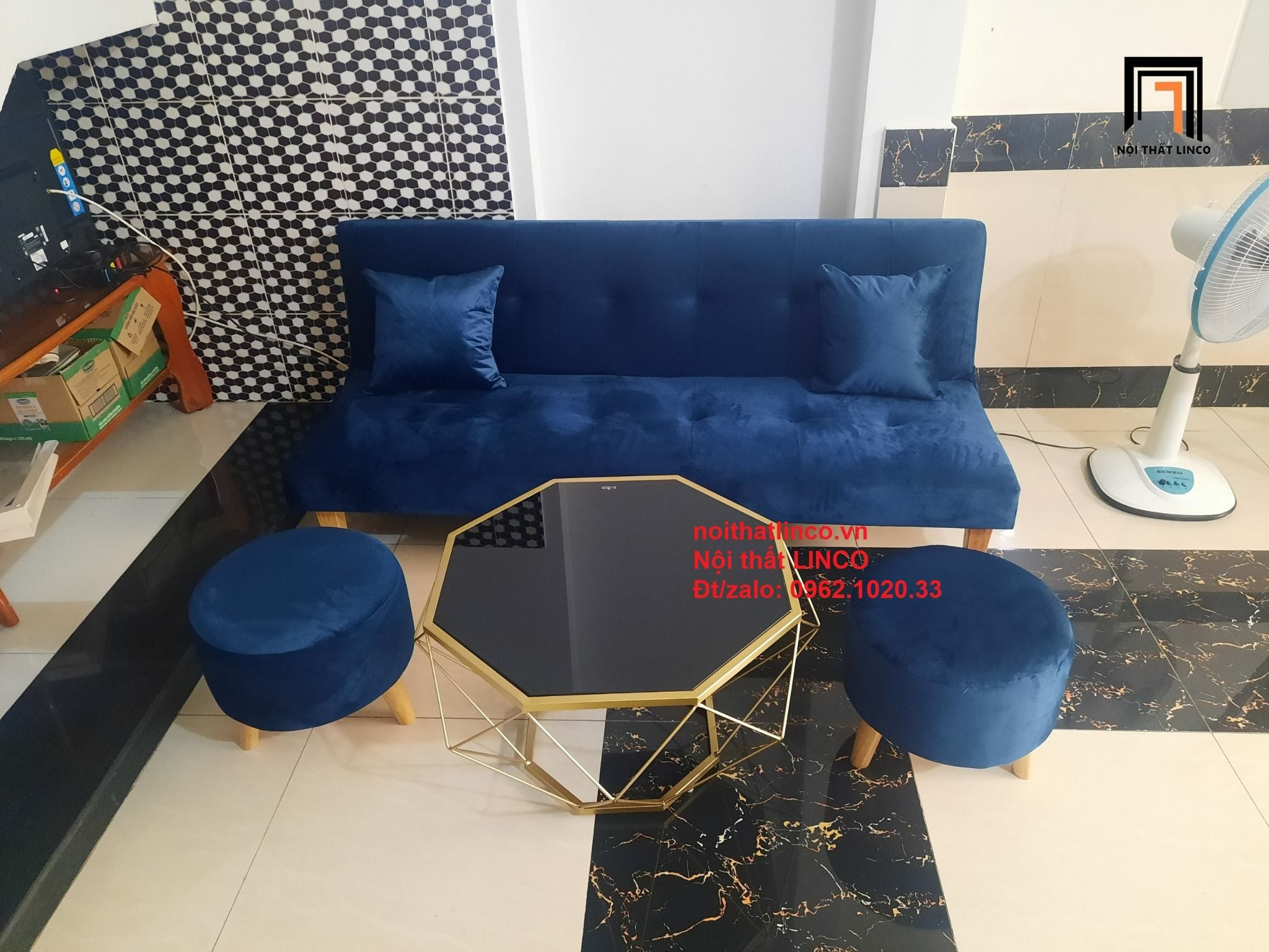 Bộ ghế sofa giường bed 1m72 xanh dương đen đậm vải nhung đẹp
