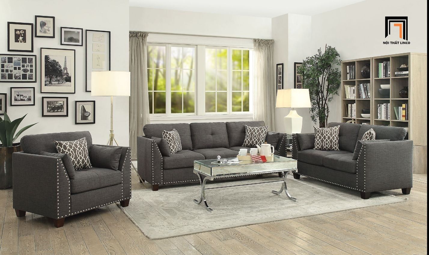 Set ghế sofa gia đình giá rẻ KT44 Laurissa xám lông chuột