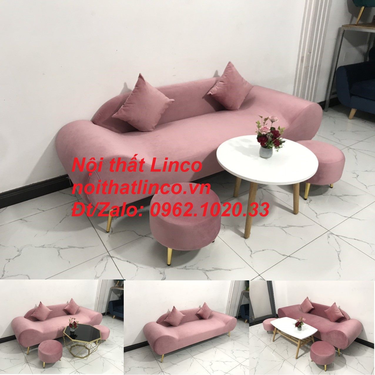 Bộ ghế sofa băng văng thuyền hồng hường cánh sen | Nội thất Linco HCM