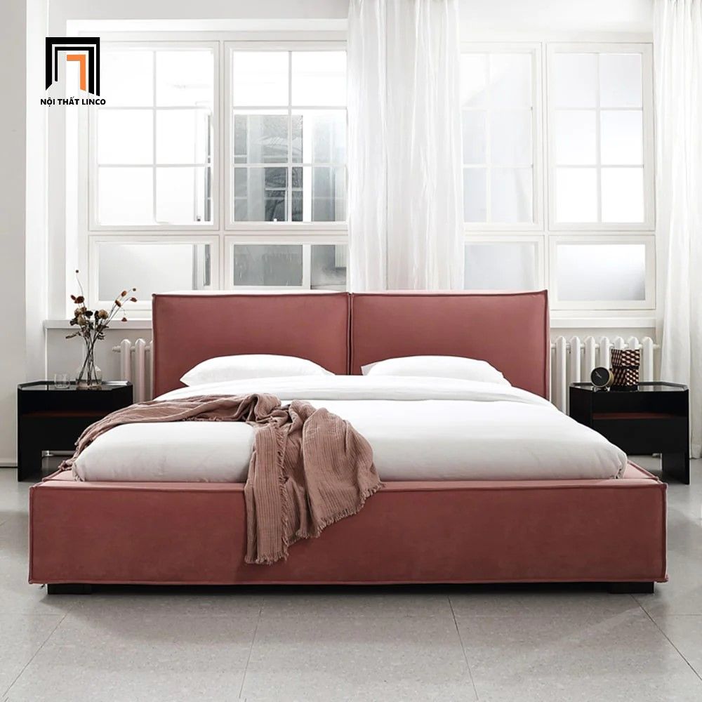 Giường ngủ hiện đại GN39 Ellia màu hồng đậm vải nhung nỉ