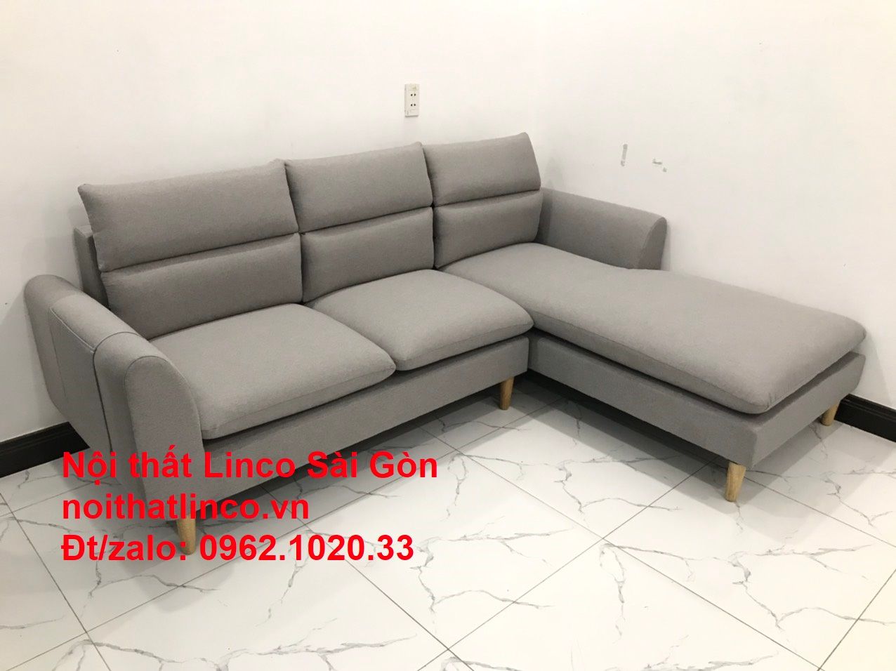 Bộ bàn ghế sofa góc chữ L | Salon sopha xám ghi trắng rẻ đẹp dài 2m2 | Nội thất phòng khách Linco Sài Gòn