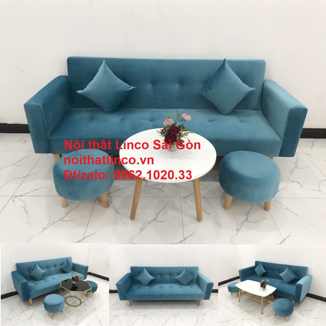 Bộ ghế sofa giường giá rẻ | salon xanh nước biển đẹp phòng khách | Nội Thất Linco Sài Gòn