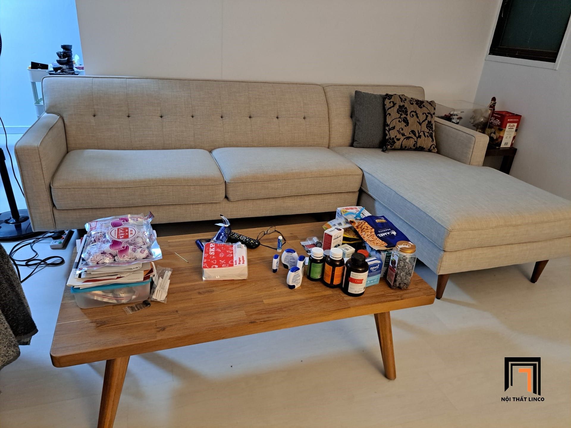 Ghế sofa góc chữ L 2m3 x 1m6 GT203 Elias xám trắng cho chung cư