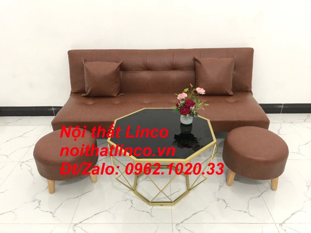 Bộ ghế sofa giường bed simili màu nâu cafe giá rẻ Nội thất Linco Tphcm Sài Gòn HCM