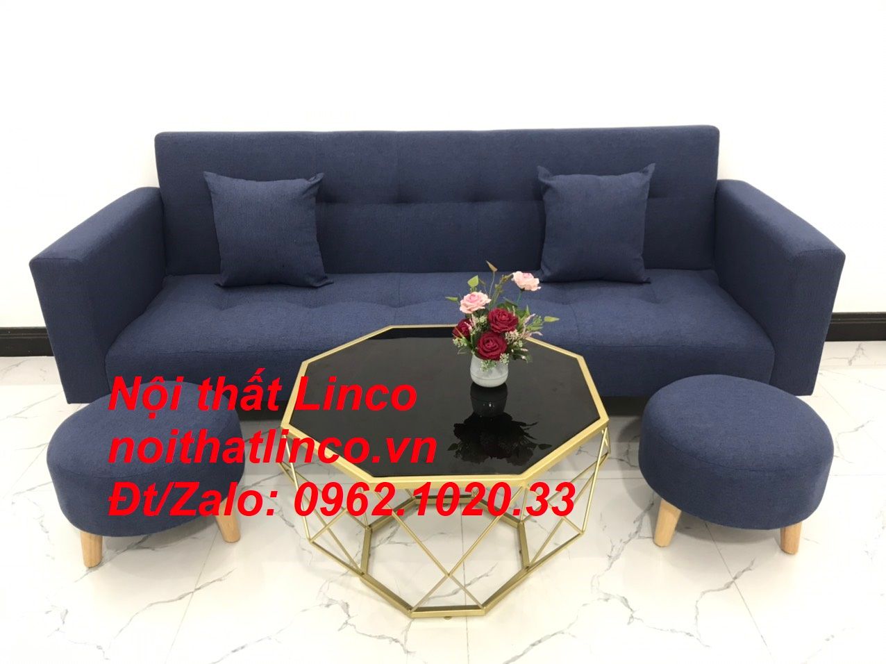 Bộ ghế sofa băng giường nằm thông minh xanh dương đen đậm rẻ Linco HCM