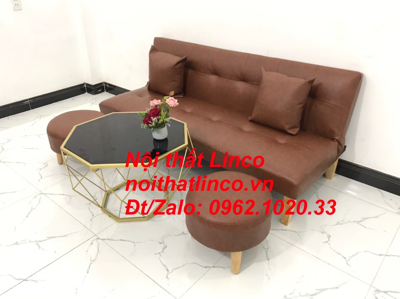 Bộ ghế sofa giường bed simili màu nâu cafe giá rẻ Nội thất Linco Tphcm Sài Gòn HCM