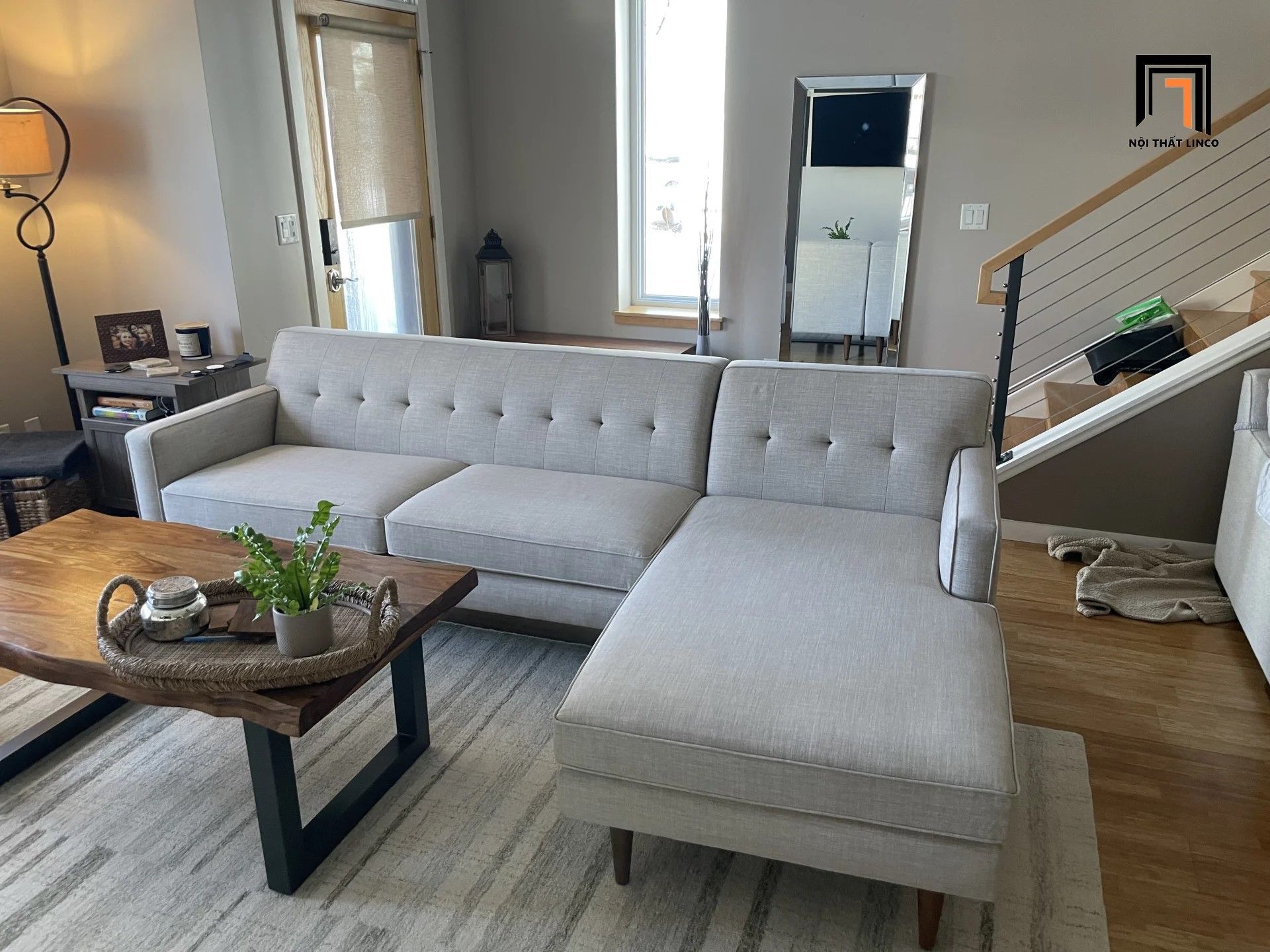Ghế sofa góc chữ L 2m3 x 1m6 GT203 Elias xám trắng cho chung cư