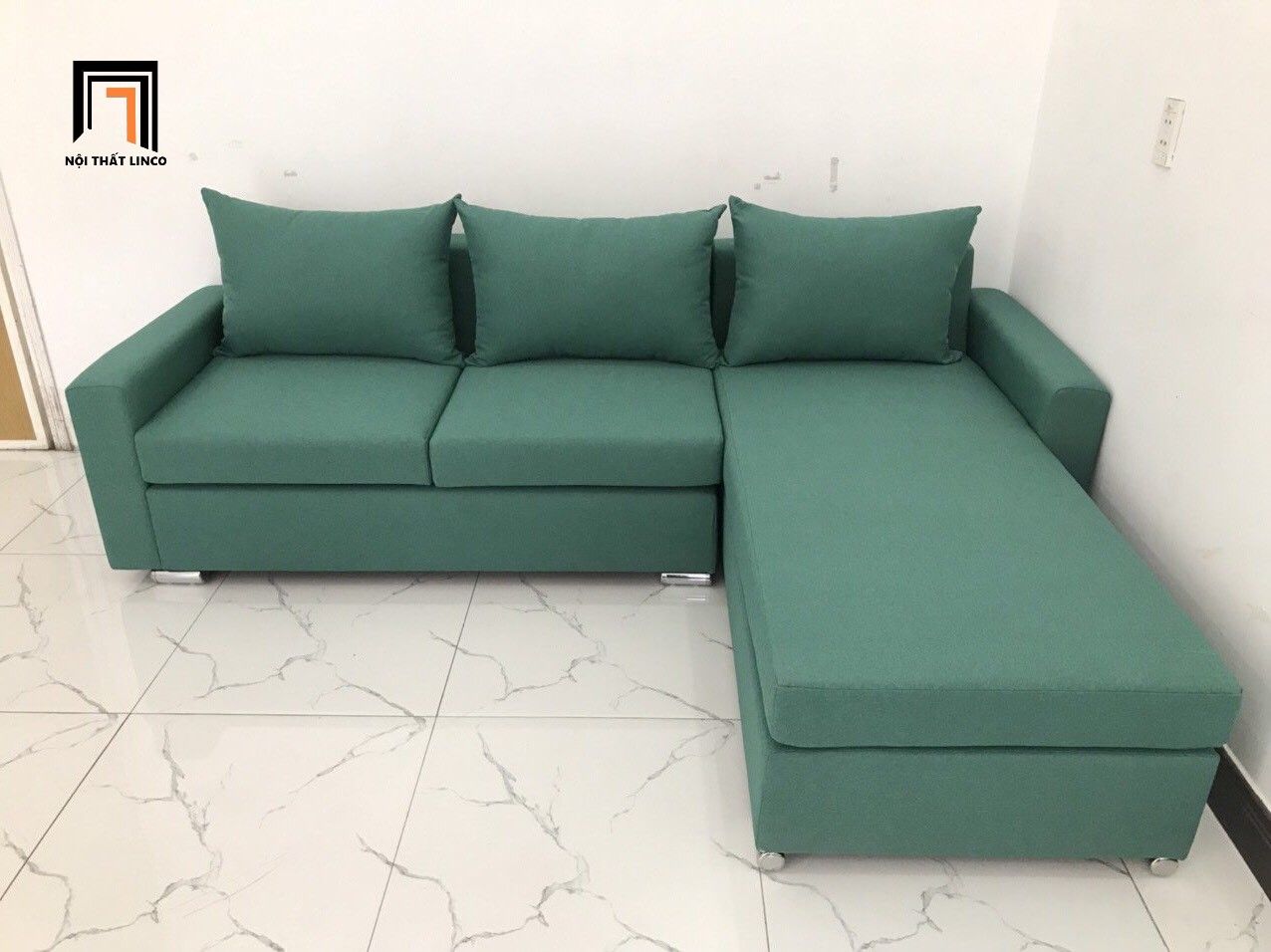 Bộ ghế sofa góc giá rẻ 2m2 x 1m6 màu xanh ngọc vải nỉ bố