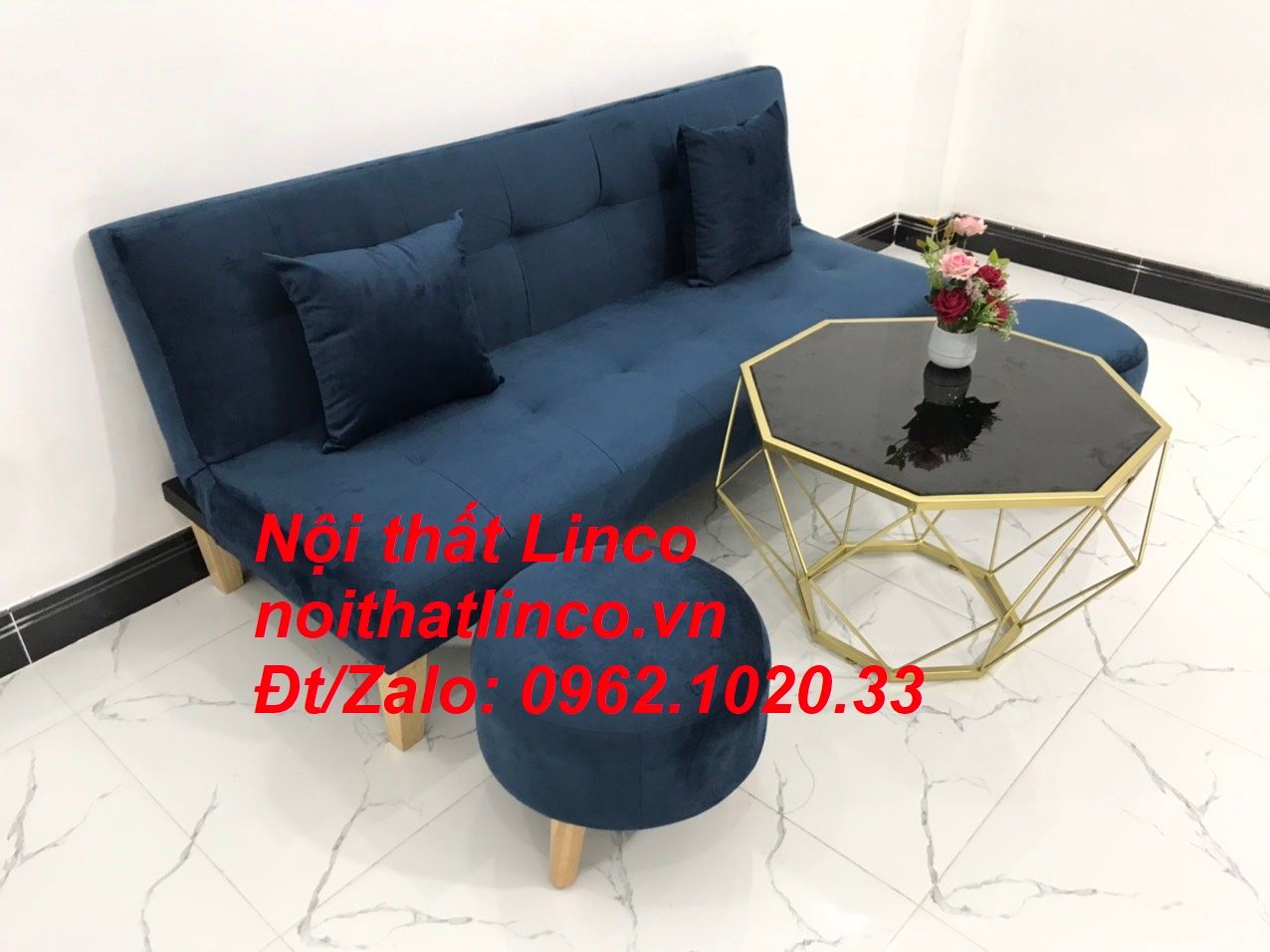 Bộ ghế sofa giường bed 1m72 xanh dương đen đậm vải nhung đẹp