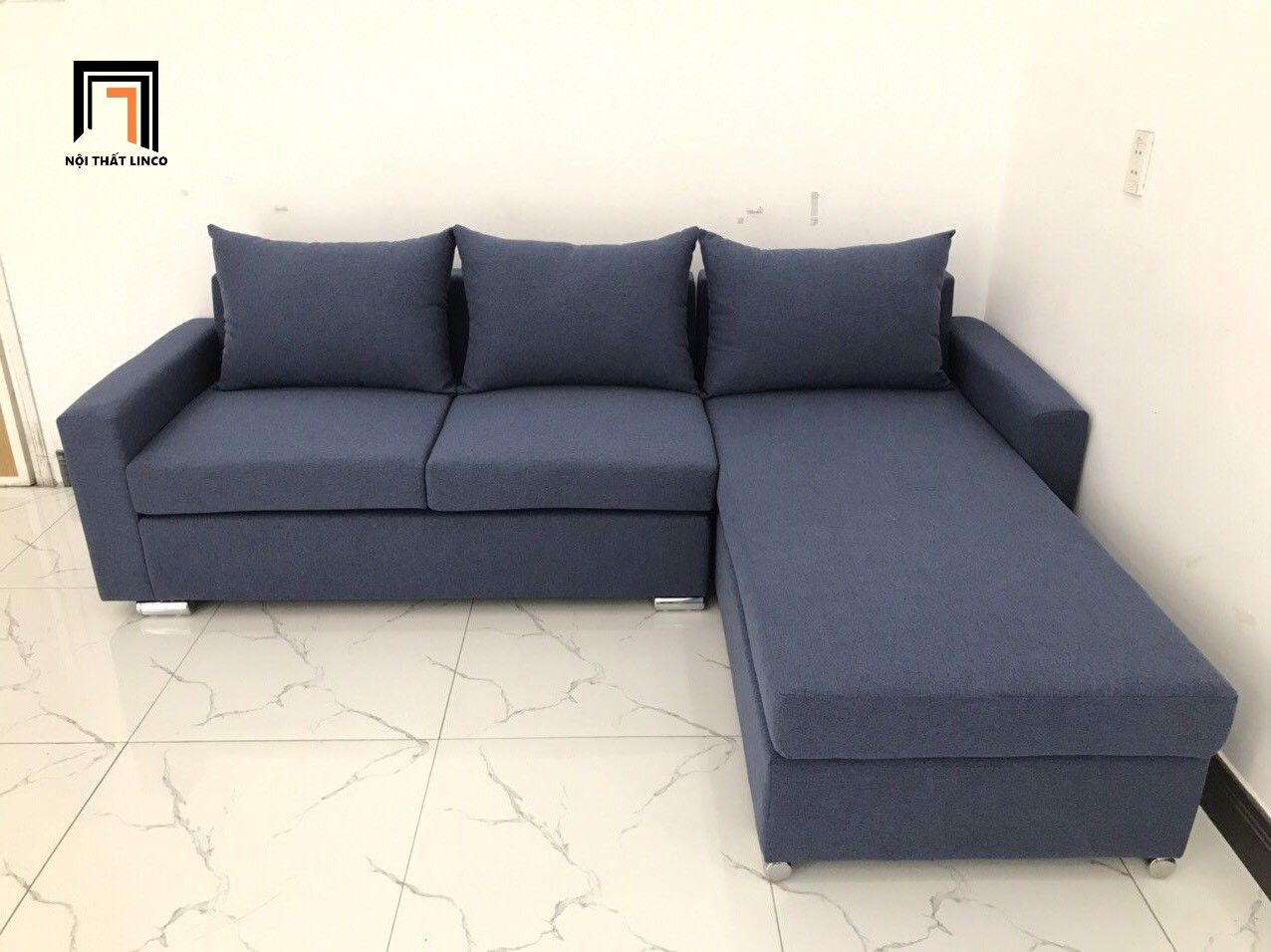 Bộ bàn ghế sofa góc L dài 2m2 x 1m6 màu xanh dương đậm giá rẻ